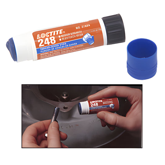 Loctite 248 blue medium-strength threadlocker stick with cap and hands-on application demo (SKU 37684TS)