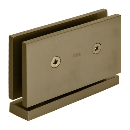 Brushed bronze pivot hinge for 1/2" (12mm) tempered glass, top-and-bottom mount, solid brass. SKU SRCAR01BBRZ
