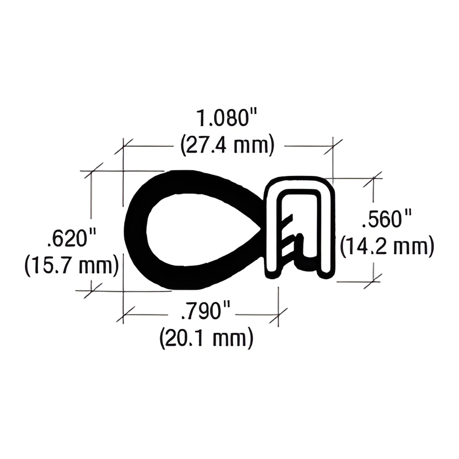 Black push-on Trim Seal cross-section with steel core and sponge seal, dimensions 1.080" .790" .620" .560" SKU 75001363