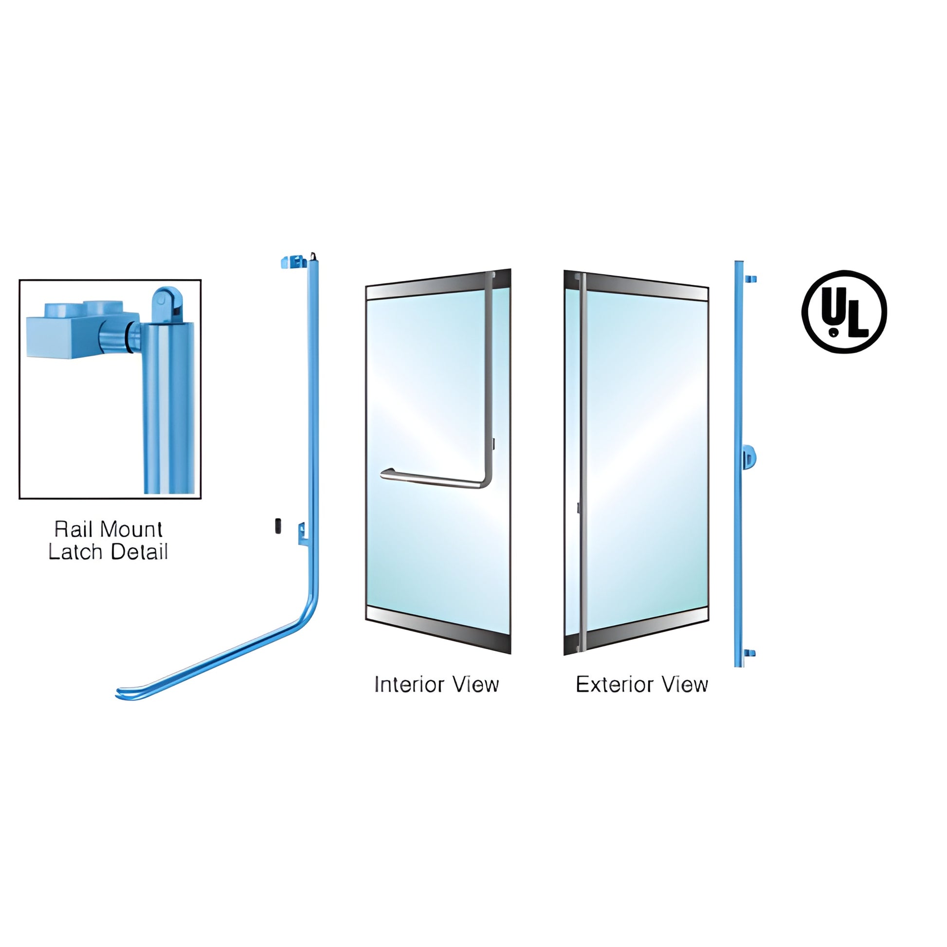 PA100F3LKPT tubular panic handle, 1-1/4" stainless rail-mount for 1/2-3/4" glass doors, interior and exterior views.
