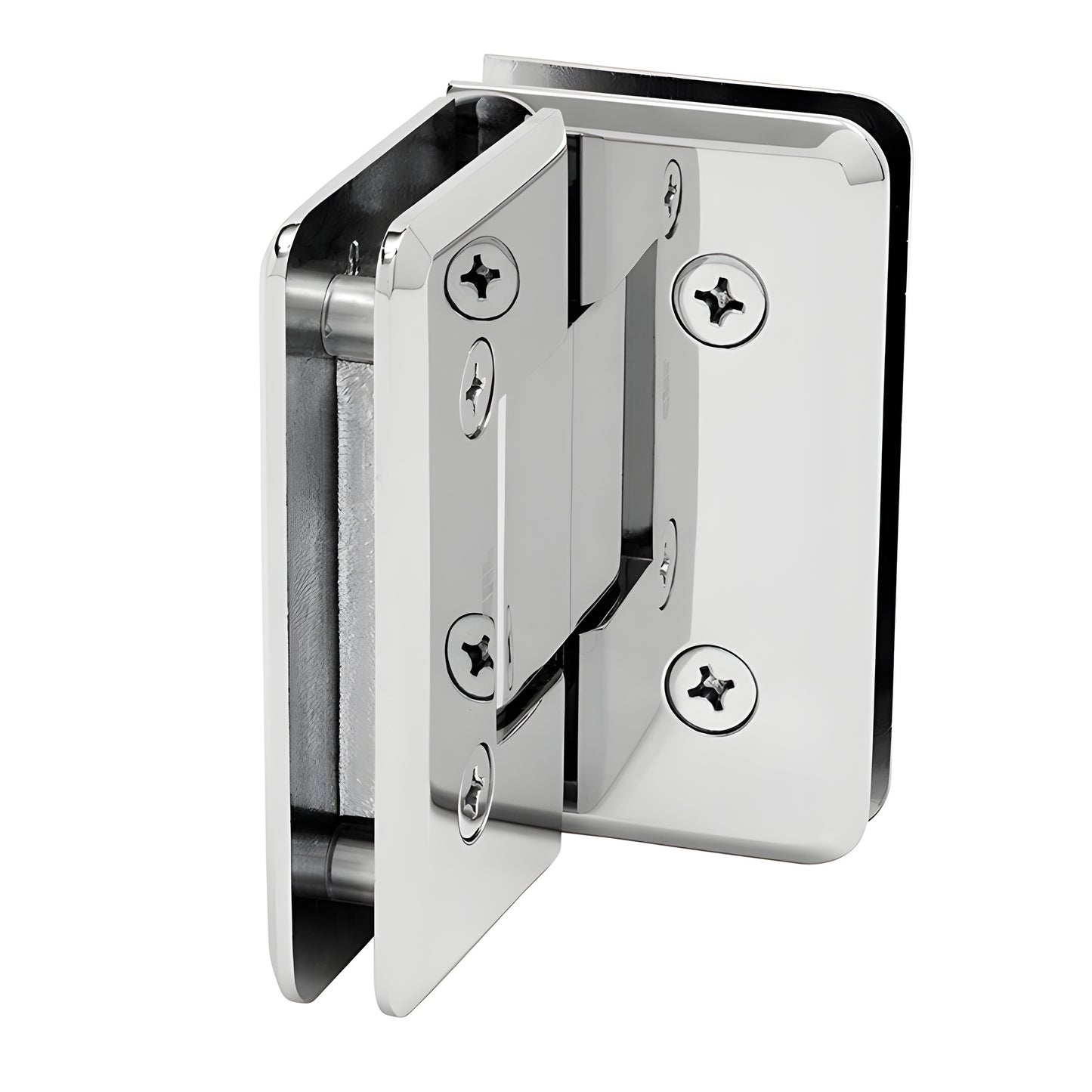 Polished chrome Cologne glass-to-glass shower hinge, beveled brass 90 pivot, fits 10-12 mm glass (SKU C0L092CH)