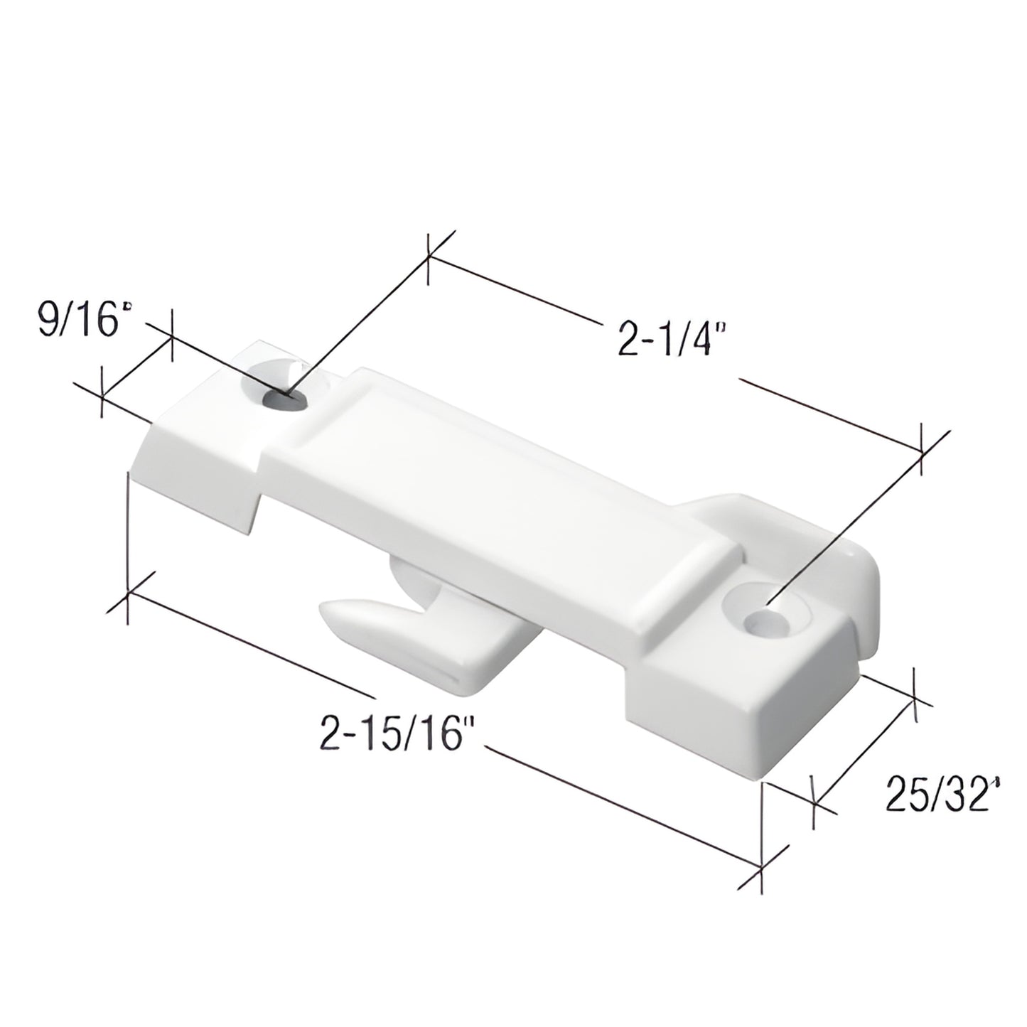 White diecast CRL sliding window sash lock F2594 with hook latch, 2-15/16" length and 2-1/4" mounting hole spacing.