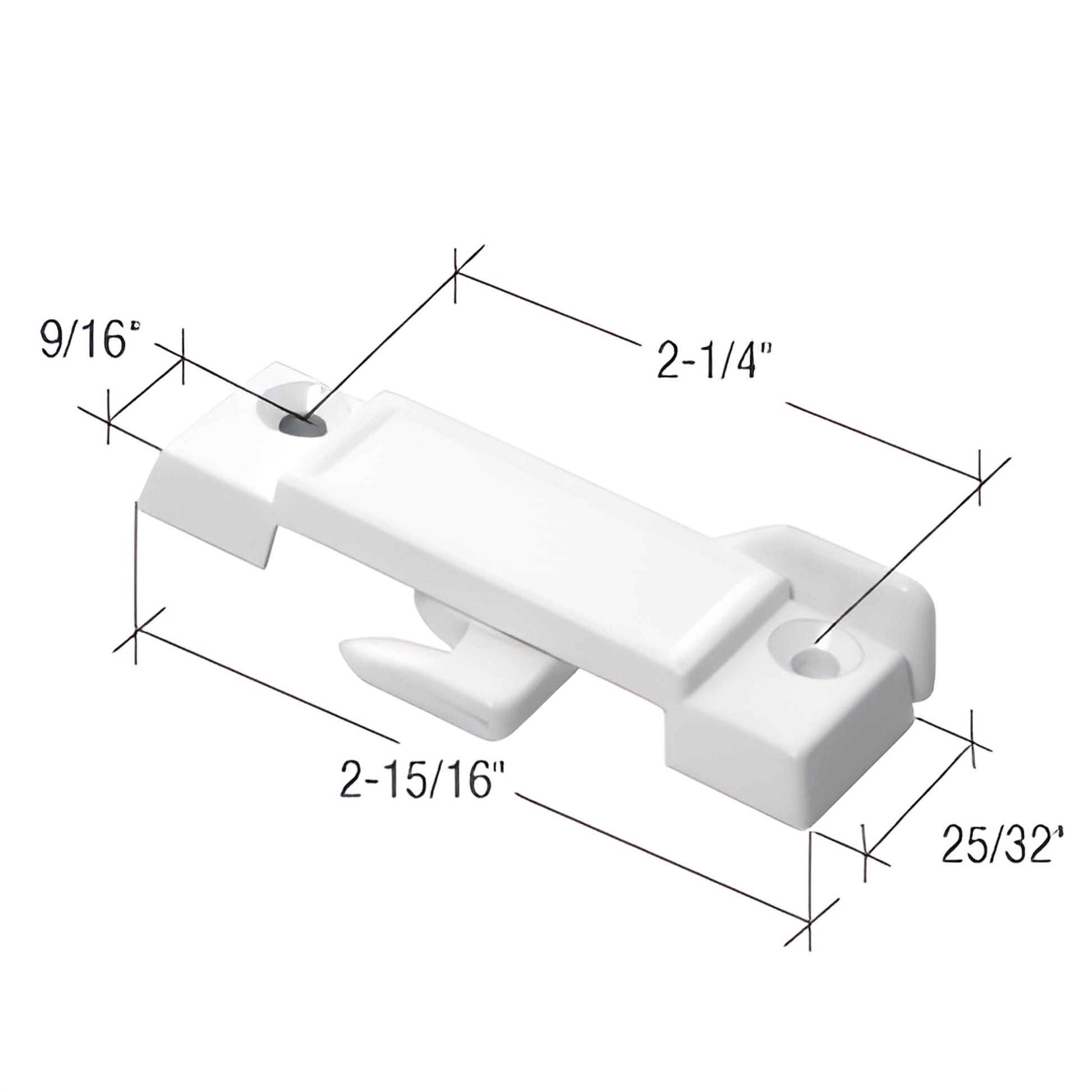 White diecast CRL sliding window sash lock F2594 with hook latch, 2-15/16" length and 2-1/4" mounting hole spacing.