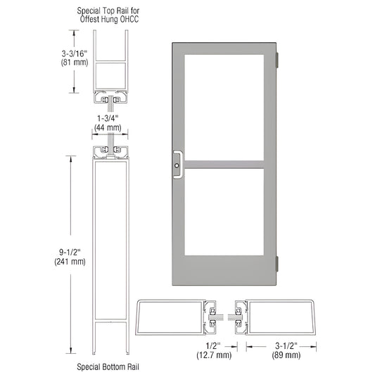 Clear anodized medium-stile commercial door with two glass lights, ADA 9-1/2" bottom rail and concealed panic hardware.