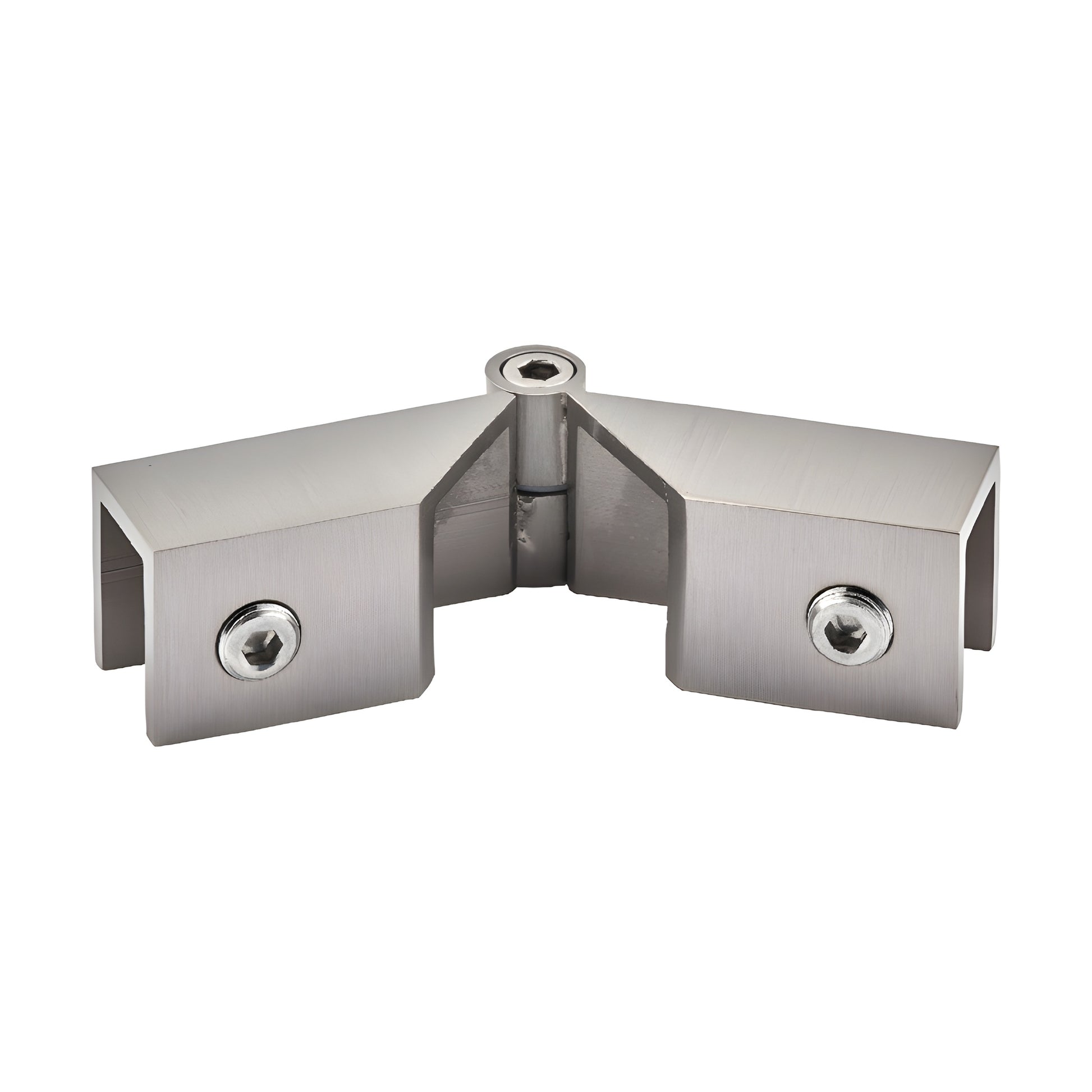 Brushed nickel brass sleeve-over glass clamp hinge (SKU S0GC91BN) for 8-12mm glass, adjustable 90 -180 , includes gaskets.