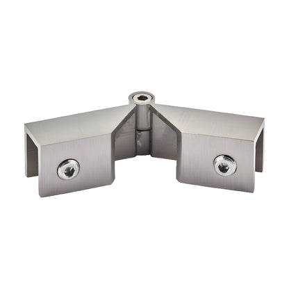 Brushed nickel brass sleeve-over glass clamp hinge (SKU S0GC91BN) for 8-12mm glass, adjustable 90 -180 , includes gaskets.