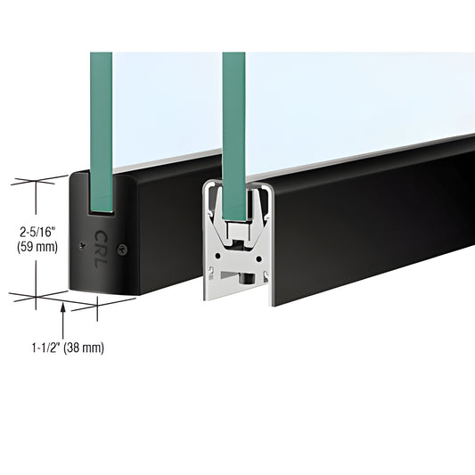 Matte black low-profile door rail DR2SMBL12S for 1/2" (12mm) glass, 2-5/16" tall, with Wedge-Lock glass securing system.