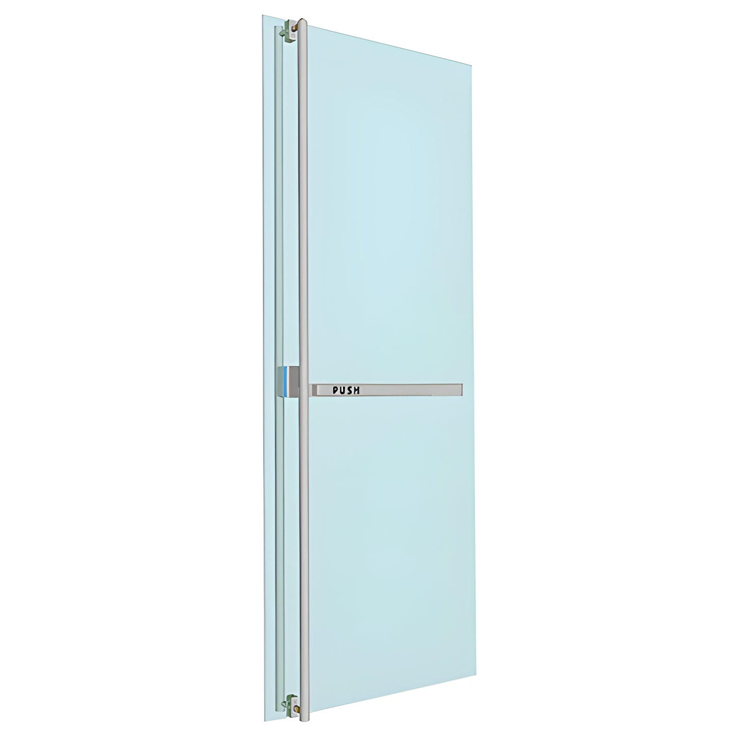 Glass door with brushed stainless steel PA-300 panic push bar and slim vertical ladder-pull, left-hand reverse.