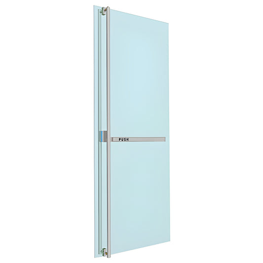Glass door with brushed stainless steel PA-300 panic push bar and slim vertical ladder-pull, left-hand reverse.