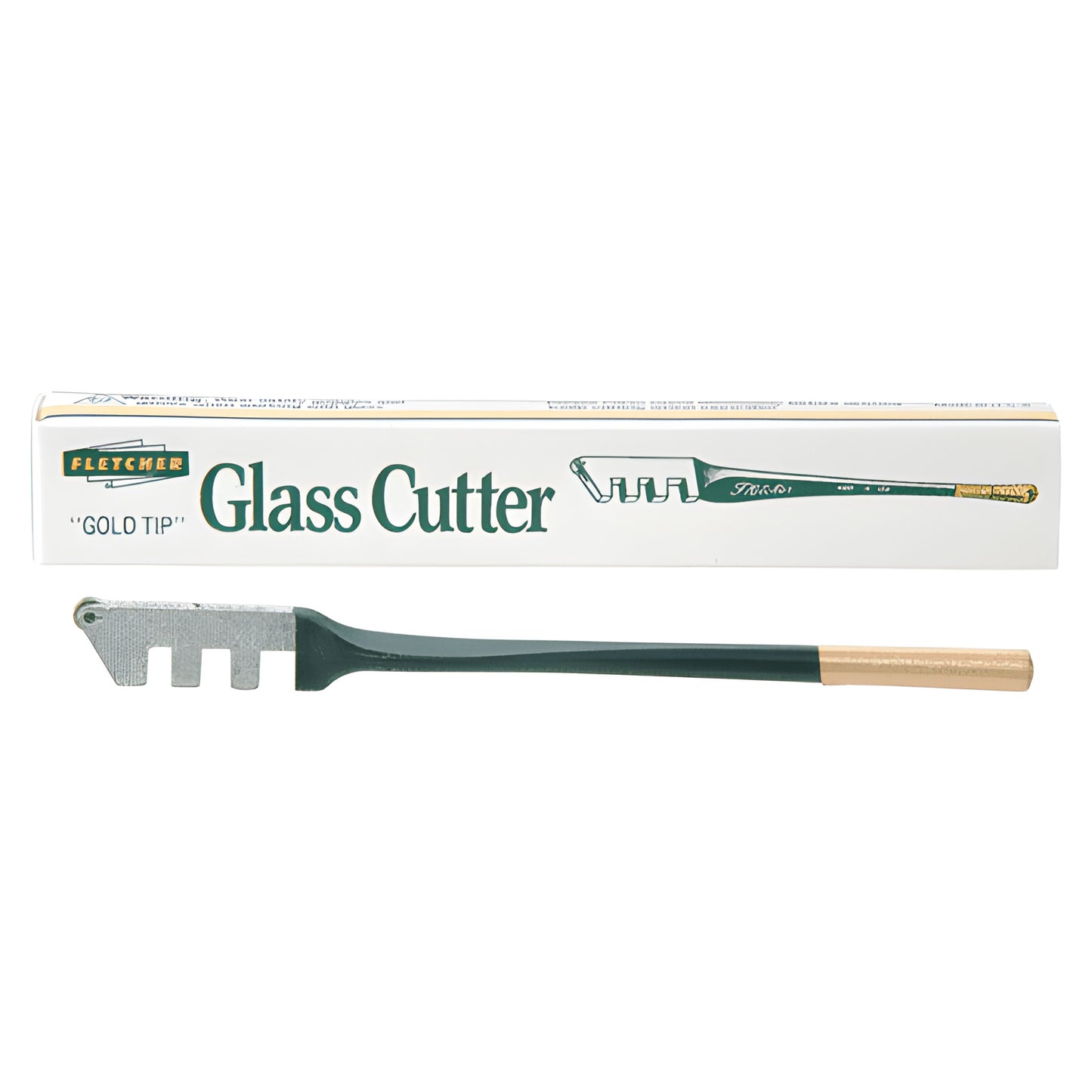 Fletcher Gold-Tip general-purpose glass cutter, straight metal handle with 120 wheel, shown with white retail box.