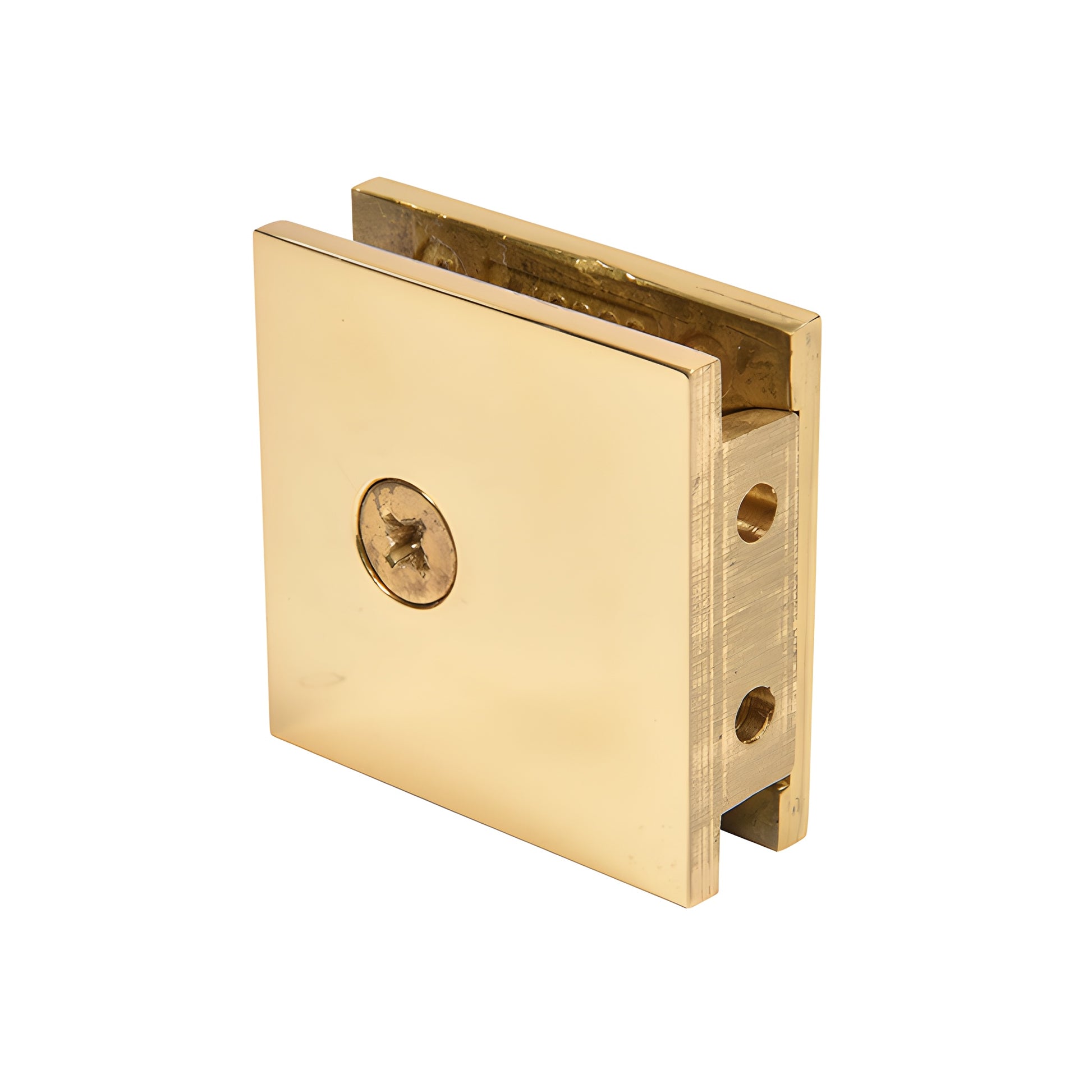 Polished brass square wall-mount clamp for 3/8-1/2" (10-12mm) glass, SKU SGCU1BR