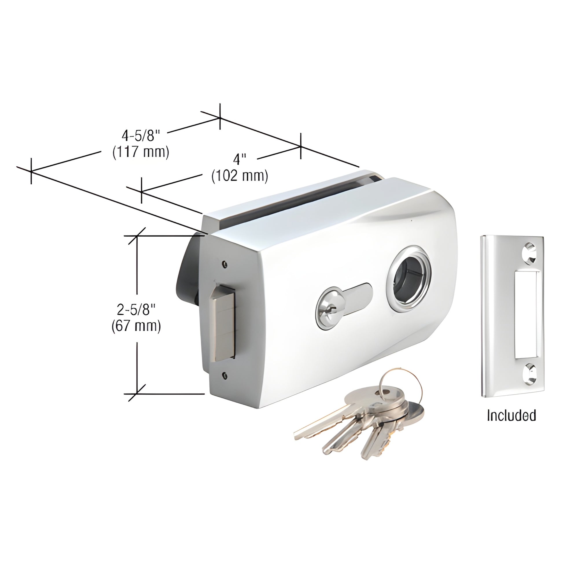 Polished stainless steel glass-mounted latch PTH310PS for 3/8" or 1/2" tempered glass, includes cylinder, keys and strike.