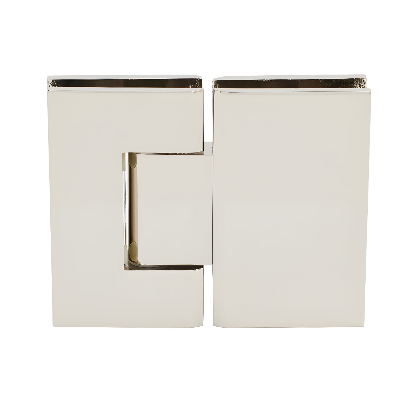 Polished nickel Geneva glass-to-glass shower hinge GEN180PN; solid brass, square profile, fits 8-12mm glass, 180 .