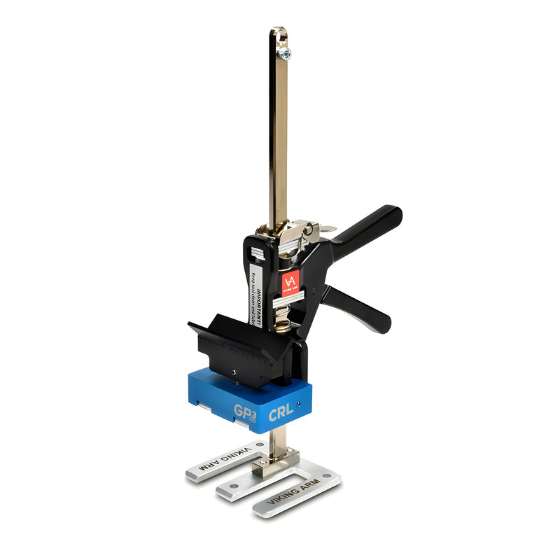 VA330 Viking Arm with GP3100 pane-positioning attachment kit (SKU GP3VAK), handheld black arm with blue GP3 block.