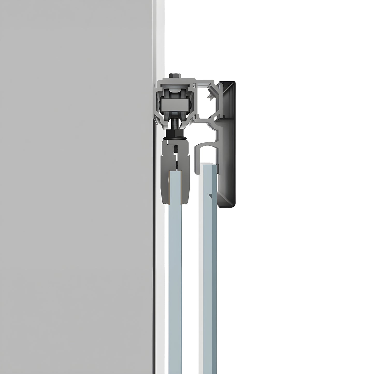 CRL501MBL matte black wall-mounted sliding glass door hardware with tempered glass panels.