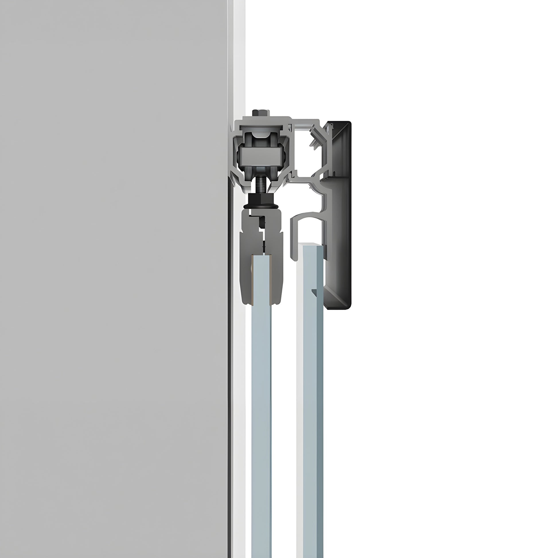 CRL501MBL matte black wall-mounted sliding glass door hardware with tempered glass panels.