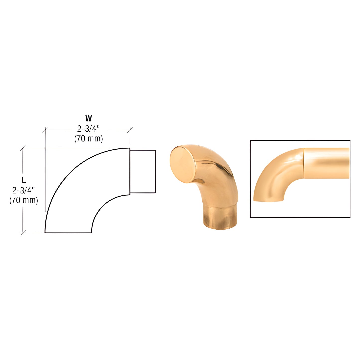 Polished brass 90 flush angle end for 1-1/2" handrail tubing, 2-3/4" (70mm) reach - SKU HR15RPB