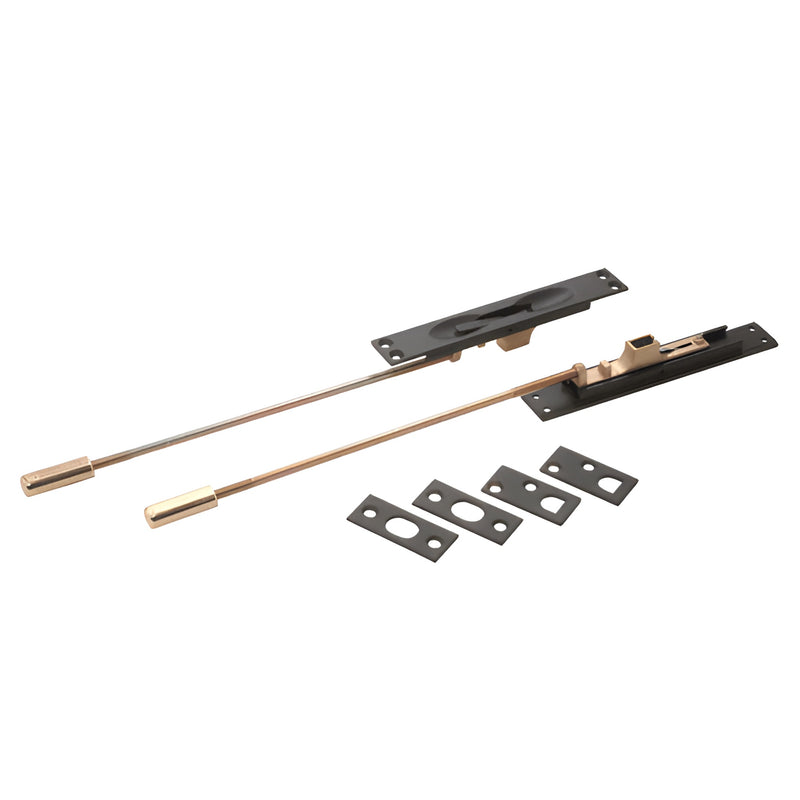 Pair of bronze cast brass manual flush bolts 1" x 6-3/4" with strike plates, SKU FBM610B