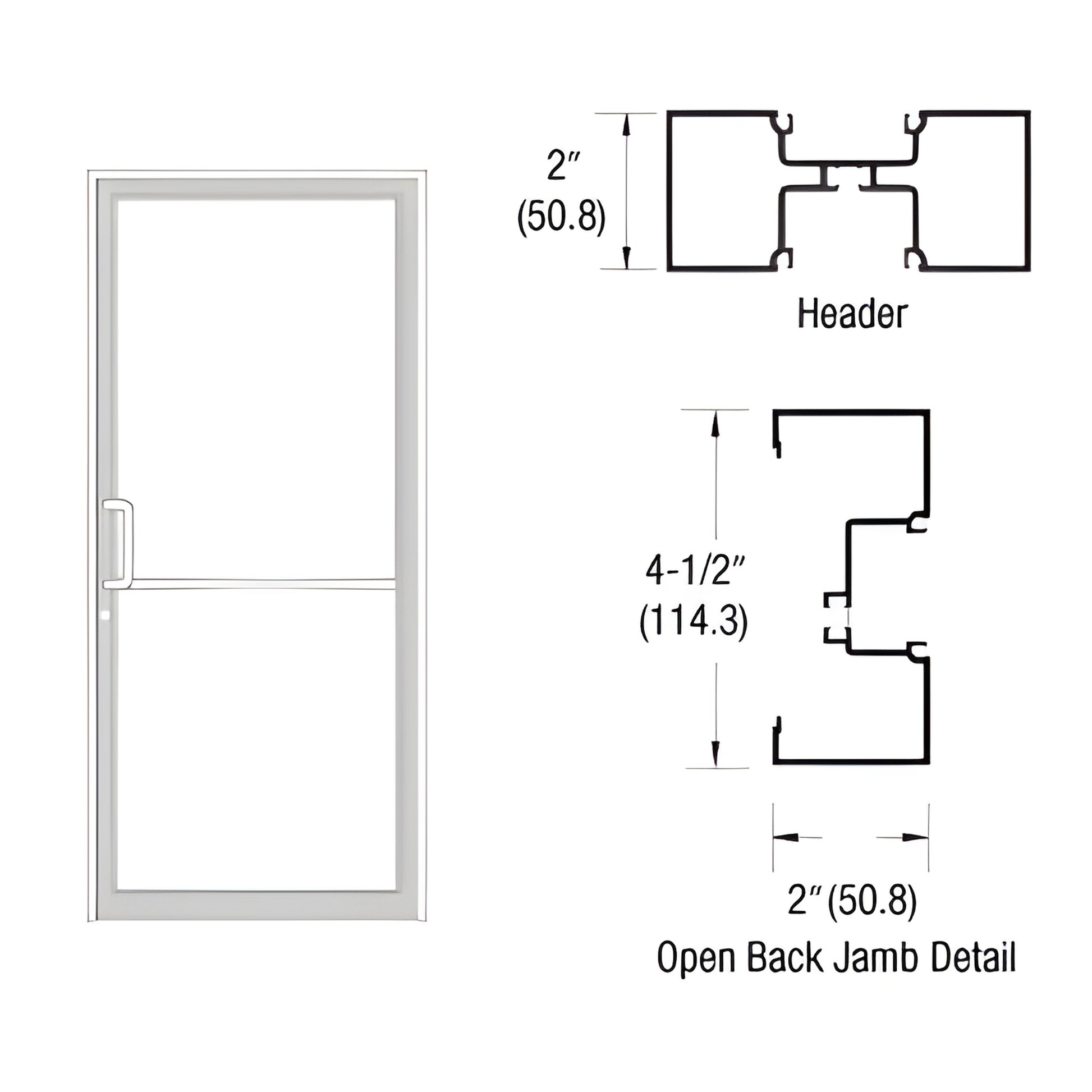 White Kynar aluminum 36x84 up-and-over door frame (SKU 1B71552) with open-back jamb and header cross-section detail