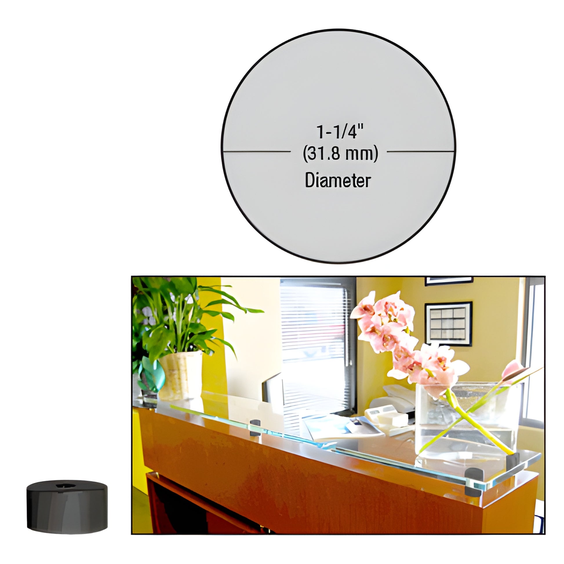 Matte black 1-1/4" metal standoff base for glass panels, 1/2" length - SKU S0B11412MBL