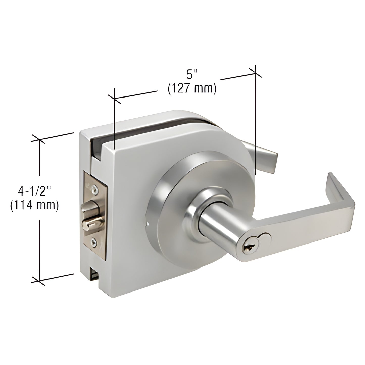 LH82SA satin anodized round-cover lever lock housing for tempered glass doors, low-profile, 5" 4-1/2" dimensions.