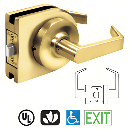 Polished brass LH10PB low-profile round lever lock housing for 3/8-1/2 in glass doors, ADA-compliant