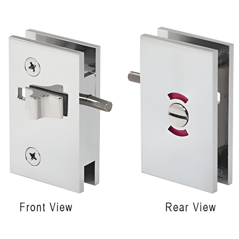 Polished chrome Geneva glass door privacy lock GE90SCACH, slide-to-lock with red/blue indicator, fits 3/8-1/2 tempered glass