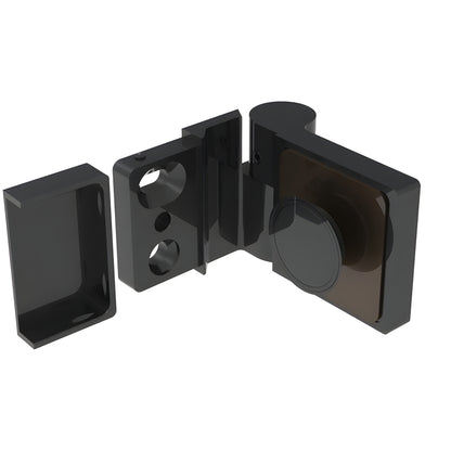 Matte black Lugano glass shower hinge (LUG044RMBL), concealed brass swing hinge for 8-10mm glass, left-hand.