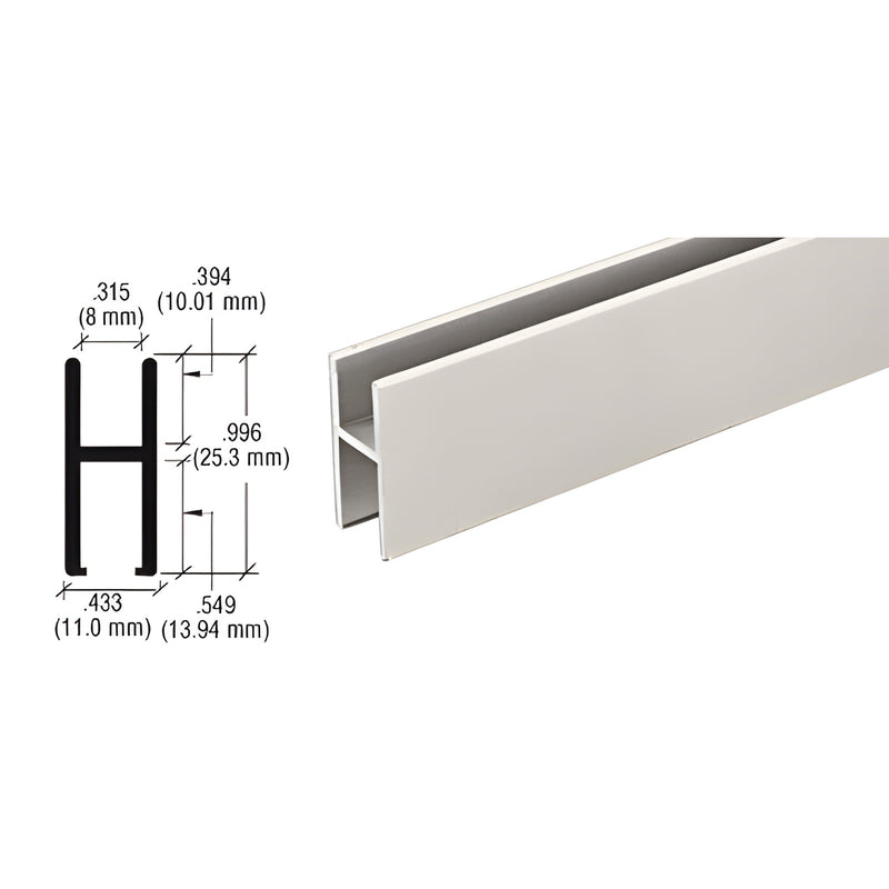 CRL D610BN brushed nickel aluminum H bar extrusion for 3/16-1/4" (5-6 mm) glass, profile and dimensions shown.