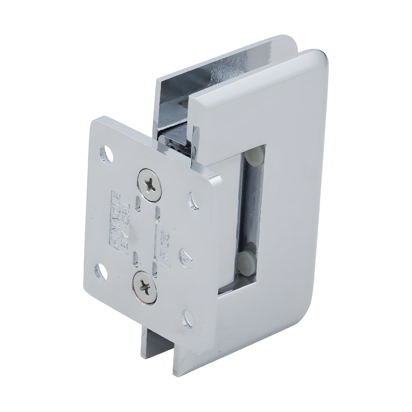 Pinnacle polished chrome shower door hinge (SKU P1N074CH), solid brass wall-mount, beveled edge, fits 8-12mm glass.