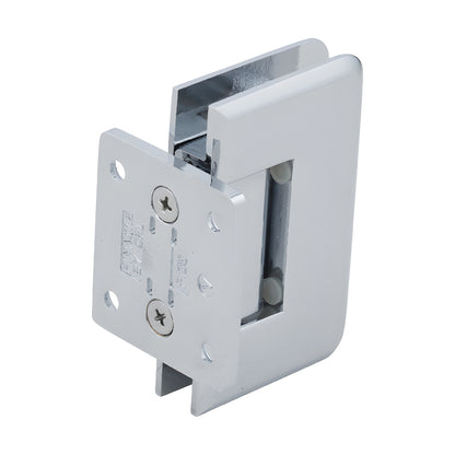 Pinnacle polished chrome shower door hinge (SKU P1N074CH), solid brass wall-mount, beveled edge, fits 8-12mm glass.