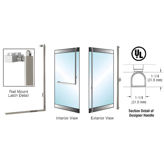 PA100 stainless steel 1-1/4" D shape rail mount panic handle for tempered glass doors, brushed finish - SKU 3DP100F3RKBS