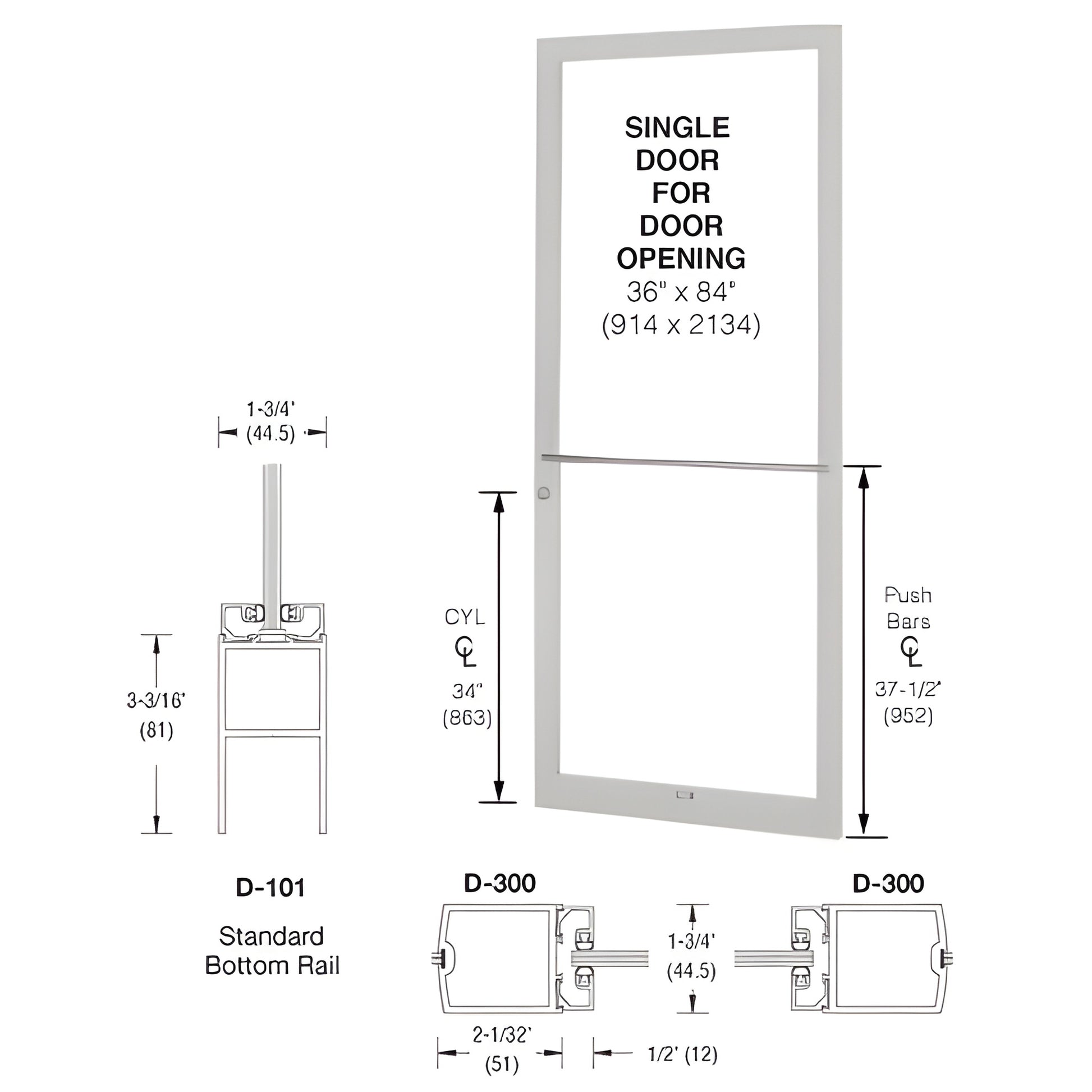SKU DC21711L036 narrow stile aluminum single door 36x84, clear anodized finish, center-pivot frame, glass-ready, push bar sho