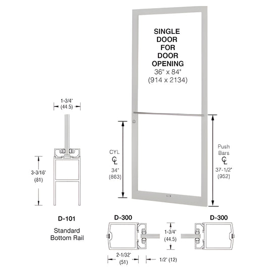 SKU DC21711L036 narrow stile aluminum single door 36x84, clear anodized finish, center-pivot frame, glass-ready, push bar sho