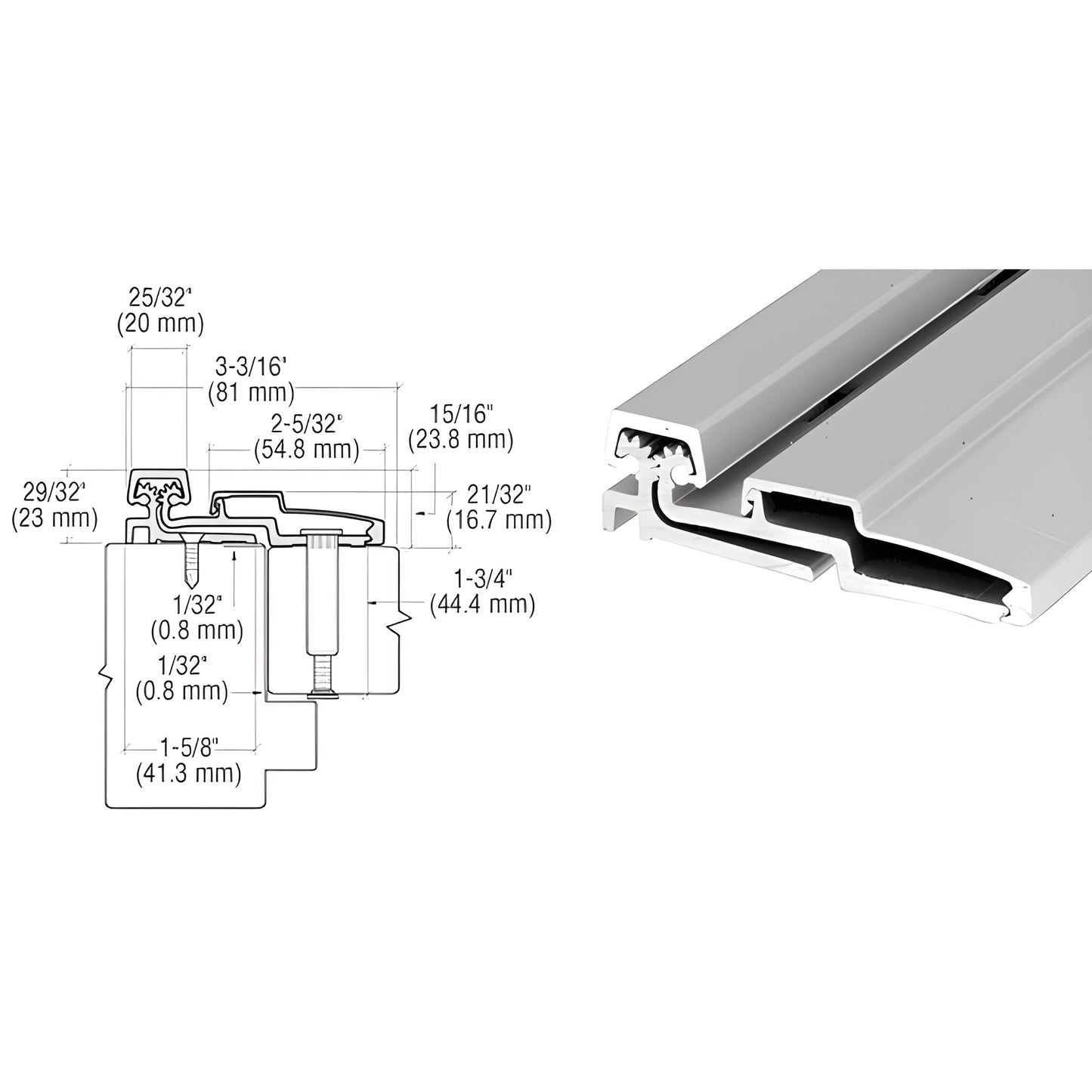 Roton full-surface aluminum door hinge, satin anodized 83 in, cross section diagram and product close-up.
