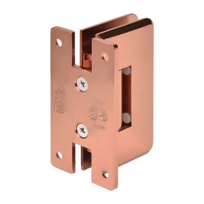 Rose gold brass adjustable shower door hinge (SKU C0L337RG) for 3/8-1/2" tempered glass, wall mount, beveled edge.