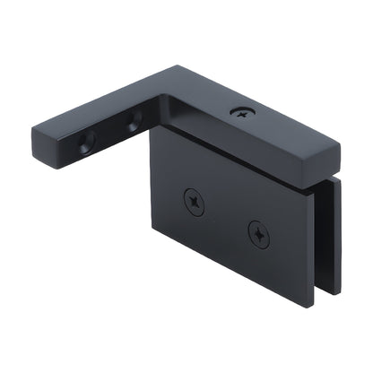 Matte black squared Cardiff pivot hinge (SKU CAR05RMBL) for 8-10mm frameless shower glass, right-hand wall-mount.