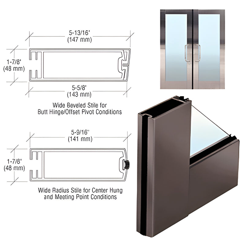 CRL FFW1DU dark bronze full-framed aluminum glass door stile, corner sample with CAD section drawings and double-door photo.