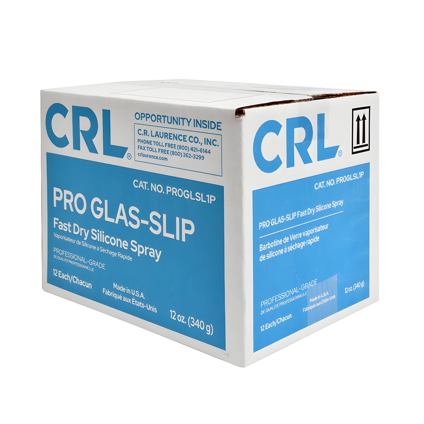 CRL PRO GLAS-SLIP 12 oz dry silicone lubricant spray can with blue label and red straw (SKU PR0GLSL1P)