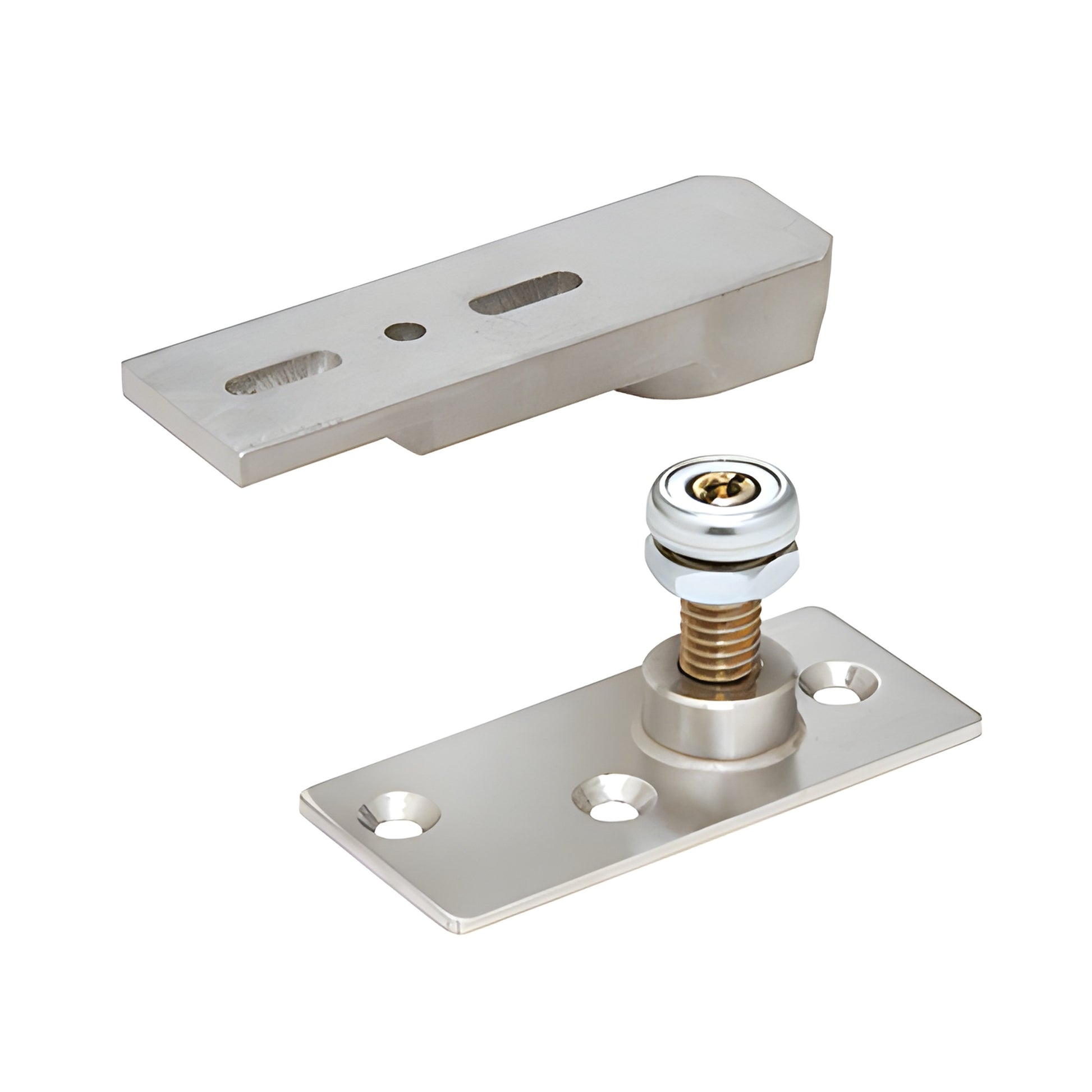 J10FPBS heavy-duty floor pivot hinge set - satin-finish plates with adjustable pivot pin for doors
