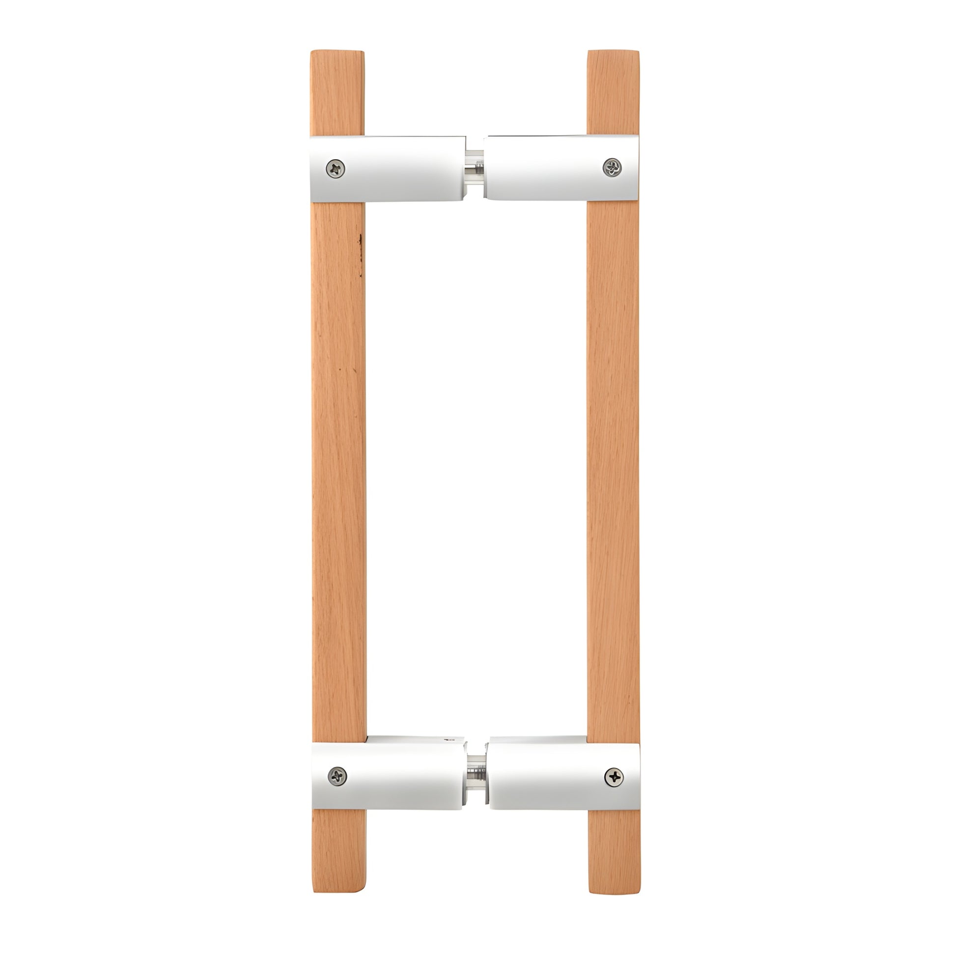 Beech wood back-to-back sauna door pull with polished stainless steel mounts, SKU SA6X6PS