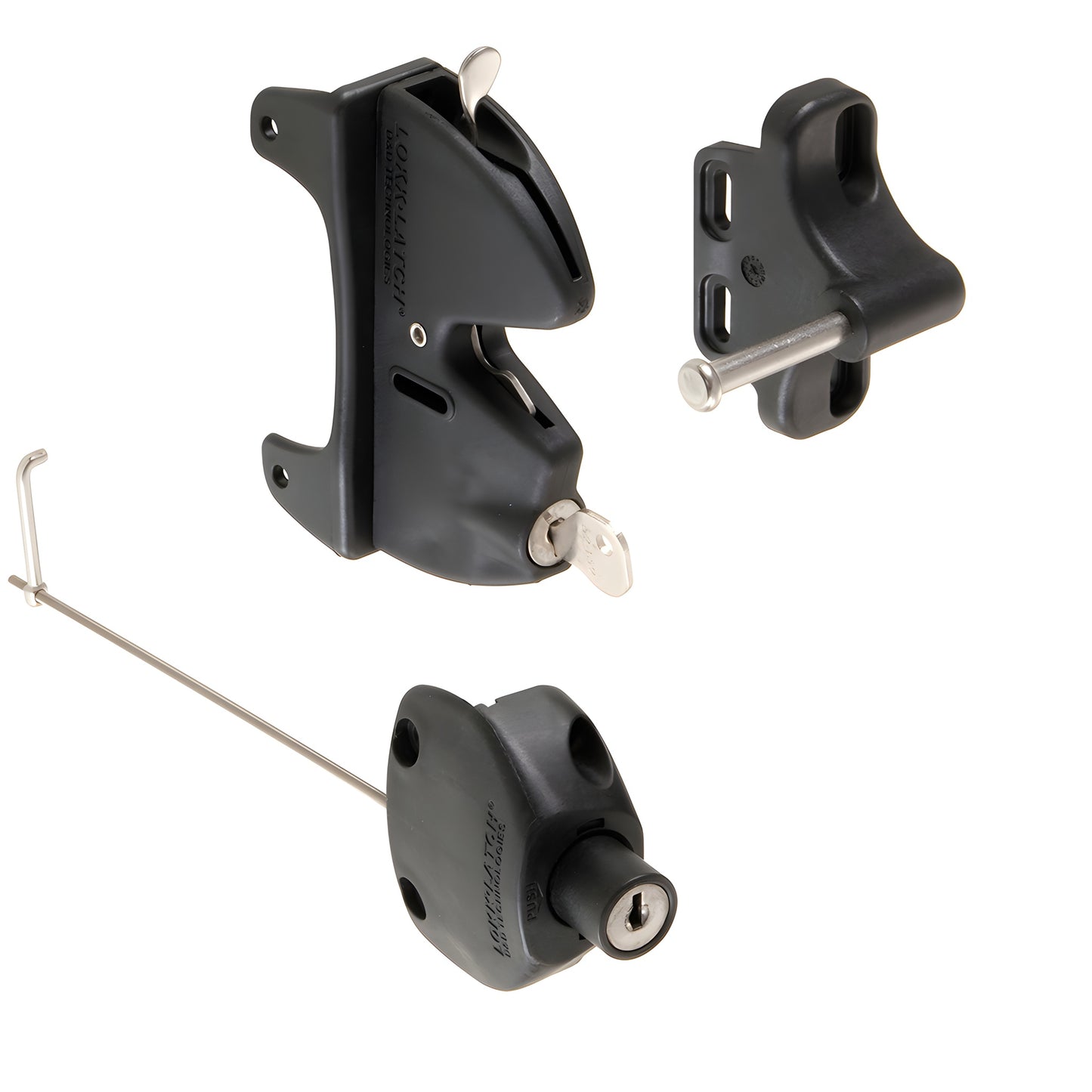 Black CRL Lokk-Latch gate kit SKU LLA2BL - polymer keyed push-button self-latching latch, strike and rod.