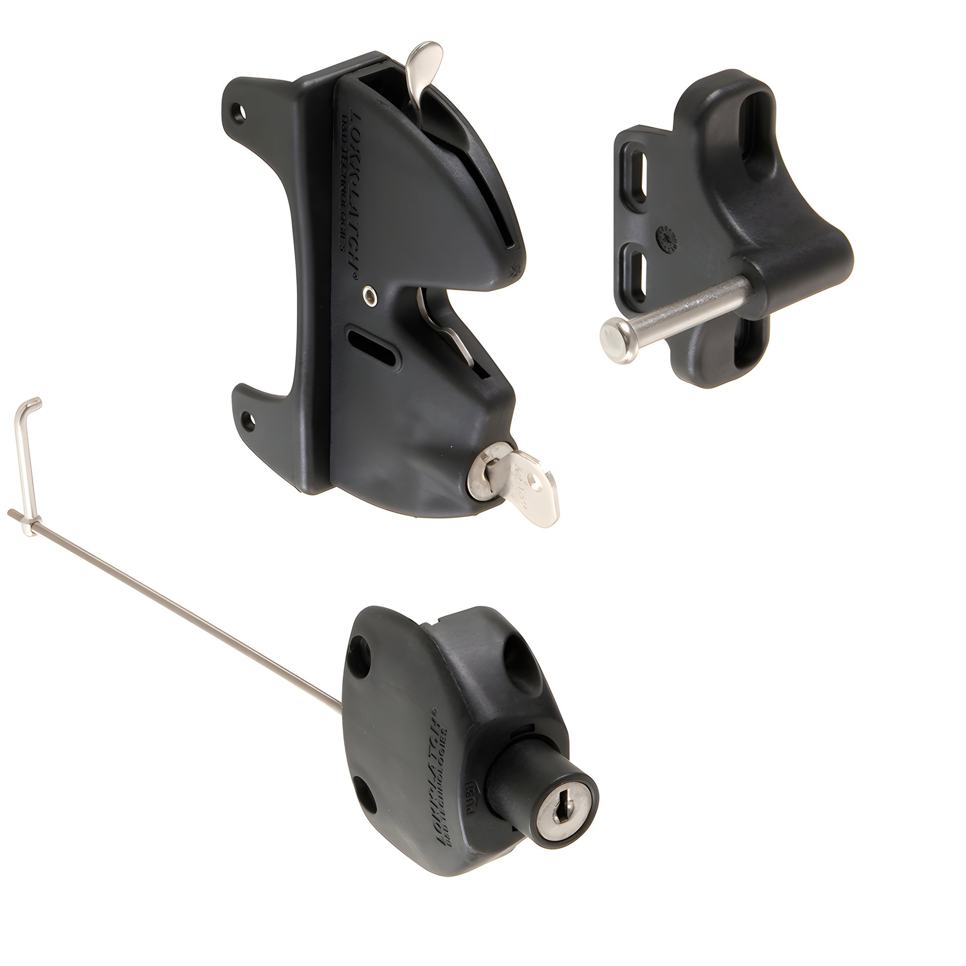 Black CRL Lokk-Latch gate kit SKU LLA2BL - polymer keyed push-button self-latching latch, strike and rod.