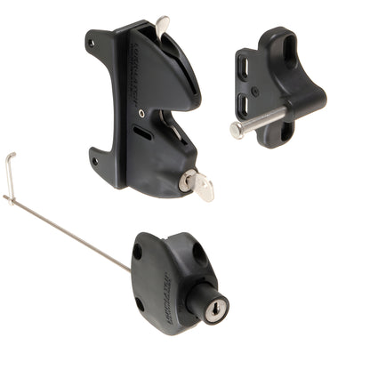 Black CRL Lokk-Latch gate kit SKU LLA2BL - polymer keyed push-button self-latching latch, strike and rod.