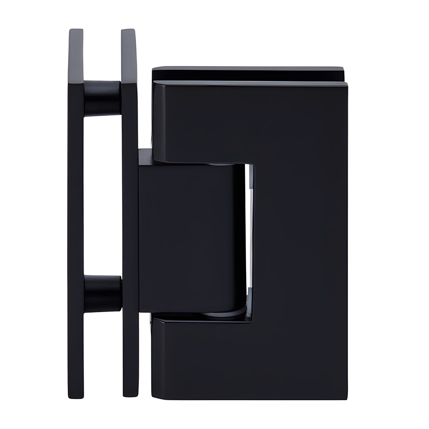 GEN092MBL matte-black square Geneva glass-to-glass shower hinge, brass, self-centering, fits 8-12mm glass