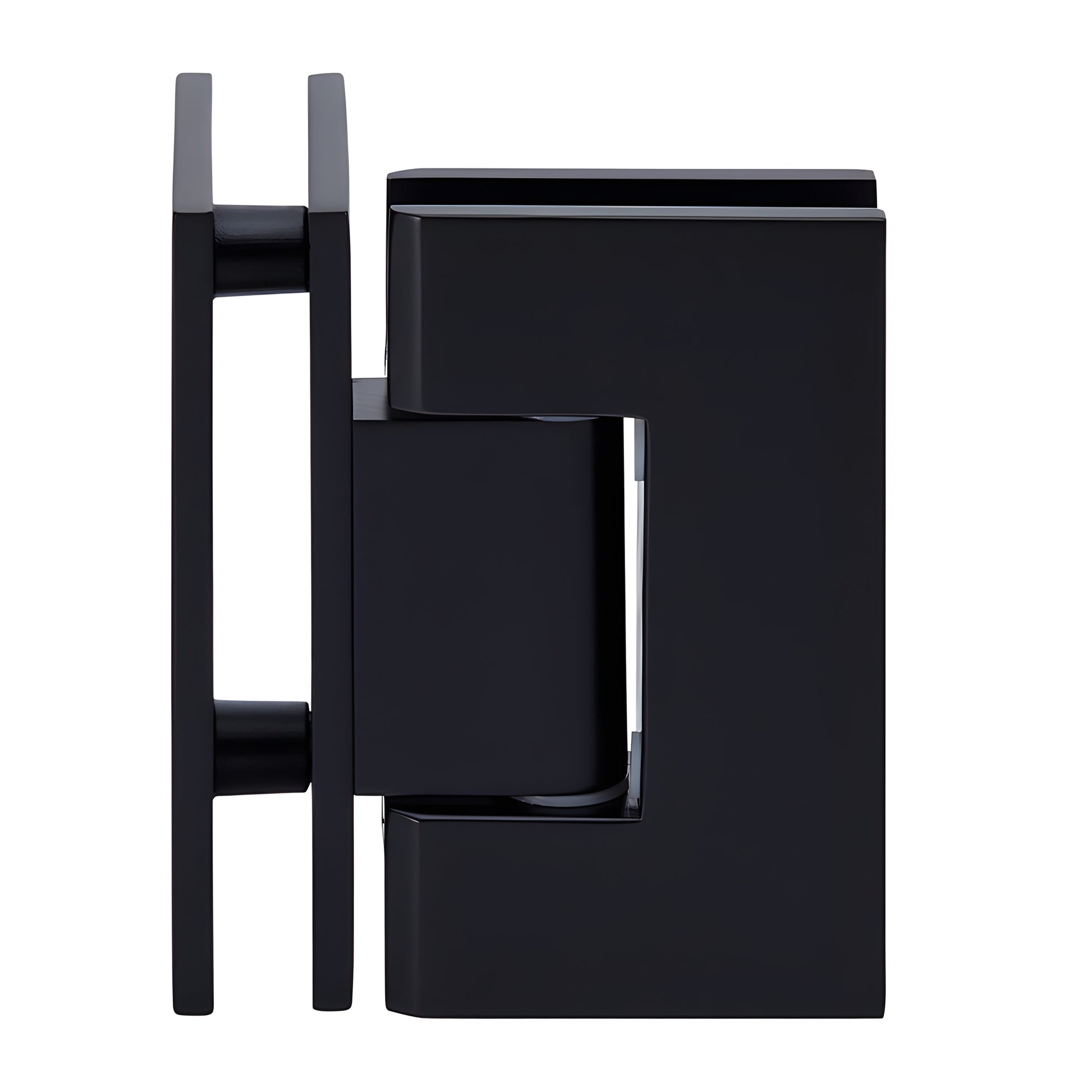 GEN092MBL matte-black square Geneva glass-to-glass shower hinge, brass, self-centering, fits 8-12mm glass