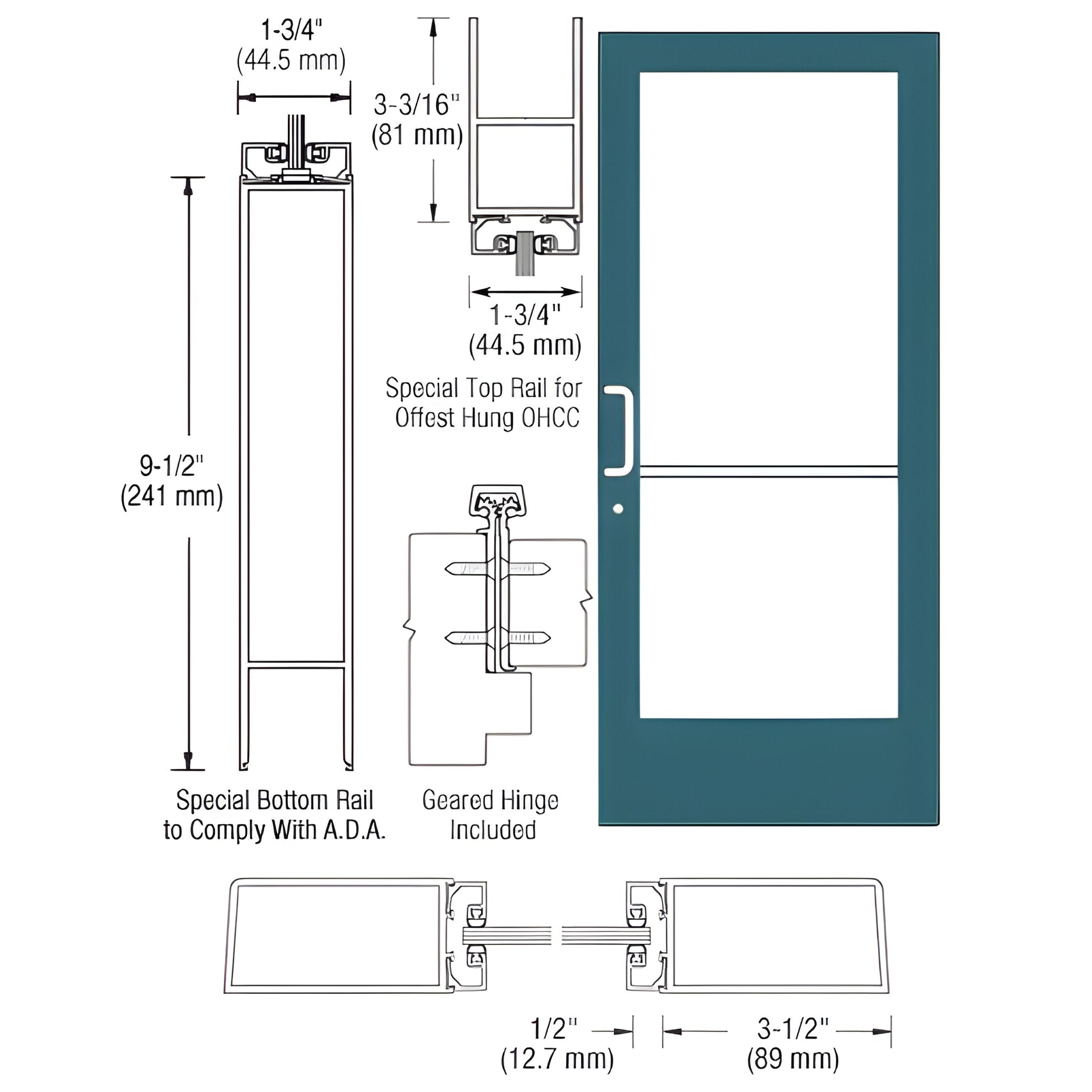 CRL Custom Medium Stile entrance door (SKU CD41971), teal frame, two glass lites, 9.5" ADA bottom rail, geared hinge shown