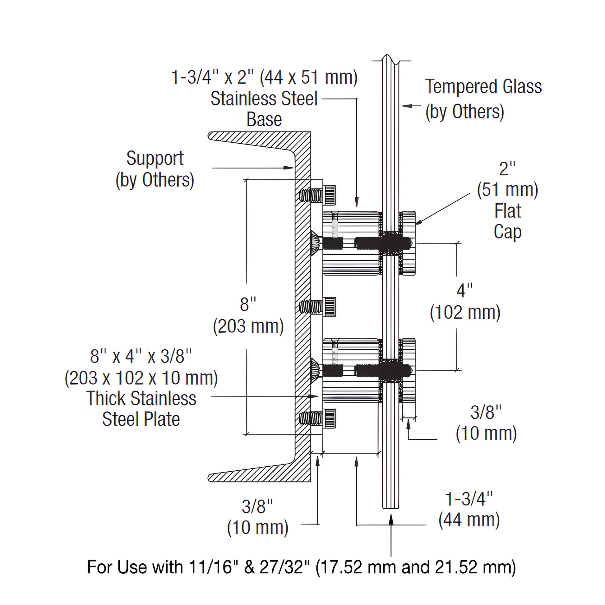 Brushed stainless steel double standoff on rectangular mounting plate, 2" caps for laminated glass. SKU RS0B20BS