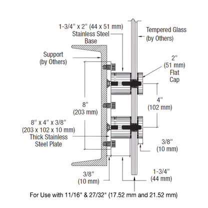 Brushed stainless steel double standoff on rectangular mounting plate, 2" caps for laminated glass. SKU RS0B20BS