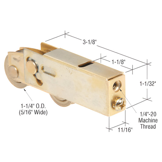 CRLD1735 tandem adjustable steel patio door roller assembly with dual concave steel rollers, brass-colored housing.